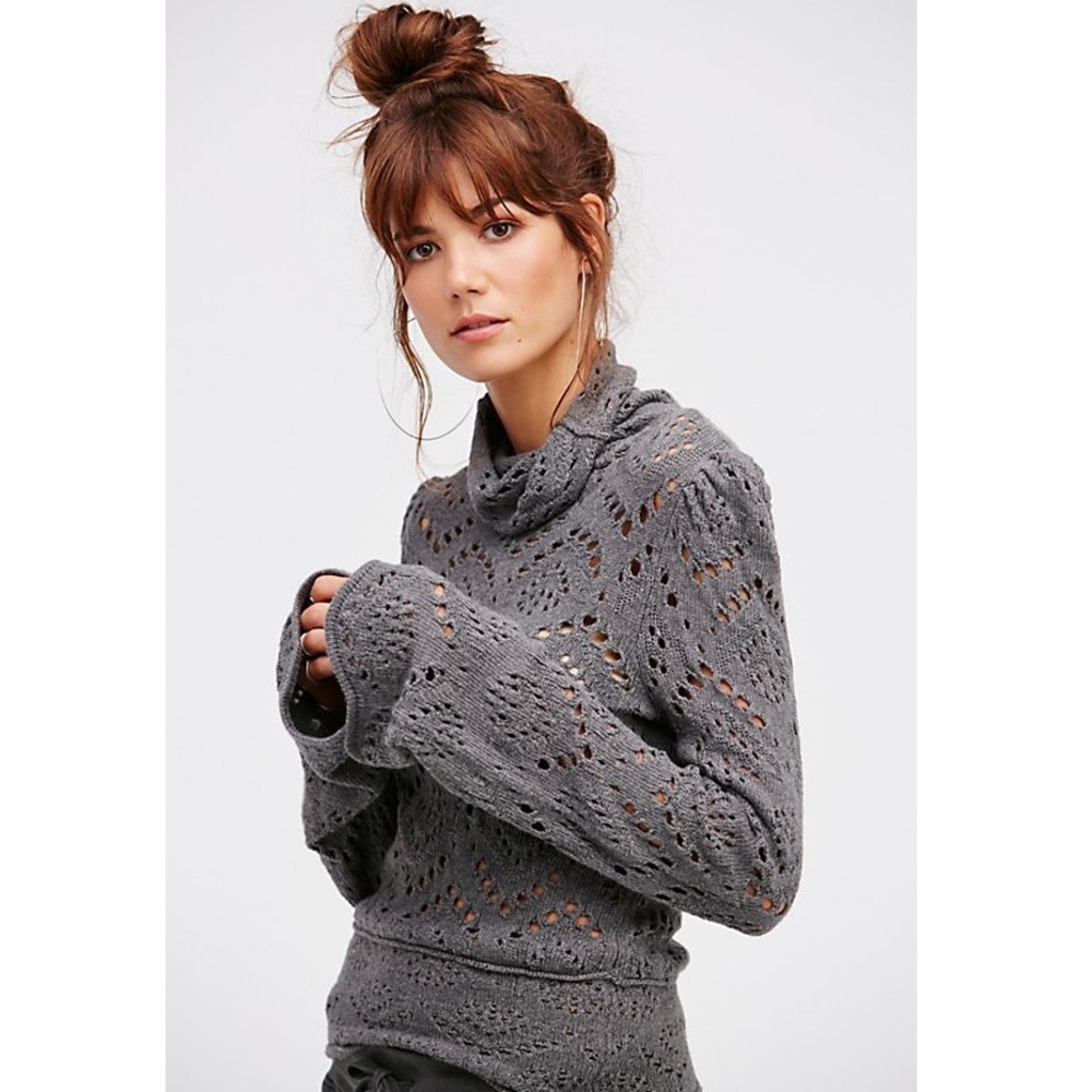 Free People Shoot From the Heart Pointelle Cowl Turtleneck Bell Sleeve Sweater S